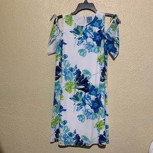 CeCe Dress Cold Shoulder Sleeve Size  2 White Blue Green Floral
